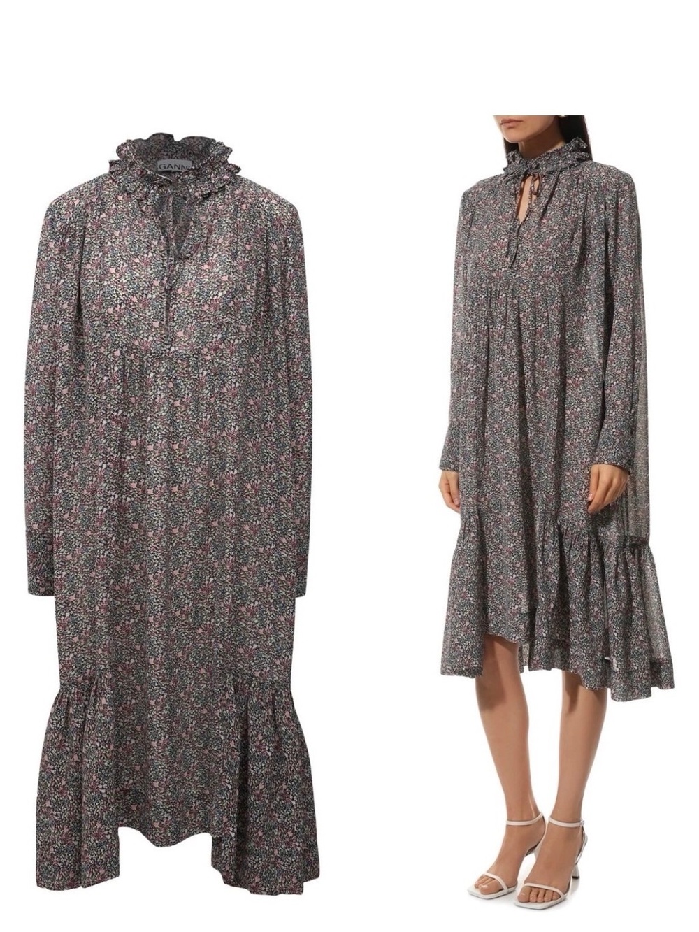 Ganni Floral Smocked Neck Long Sleeve Tiered Midi Dress in Black Multi